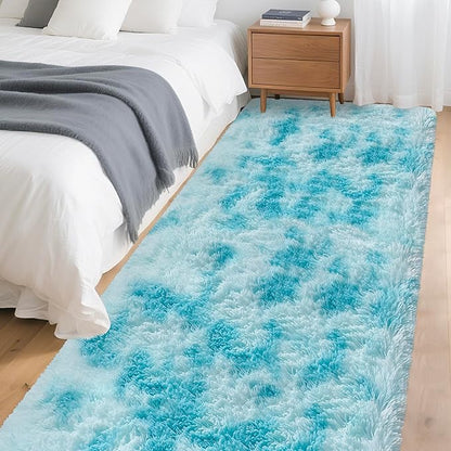 Tie-Dyed Sky Blue 3x10 Machine Washable Runner Rugs for Hallway Soft Fluffy Shaggy Bedside Rugs for Bedroom Living Room Indoor Floor Carpet for Kids Girls and Boys Nursery Rooms Home Decor Aesthetic