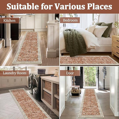 Yamaziot Washable Runner Rug 2x8 – Non Slip Boho Floral Hallway Runner Rug with Rubber Backing, Low Pile Wool Distressed Carpet for Kitchen, Laundry, Bedroom, Entrance, Brick-red
