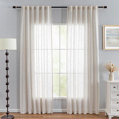 MYSKY HOME Linen Curtains for Living Room, Natural Semi Sheer Curtains & Drapes Light Filtering Farmhouse Country Boho Style Back Tab Draperies for Sliding Glass Door (Customsize, Linen)