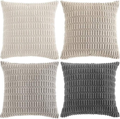 Fancy Homi Set of 4 Grey and White Decorative Throw Pillow Covers 18x18 Inch for Couch Bed Chair, Modern Farmhouse Boho Room Decor, Soft Fuzzy Double Sided Corduroy Textured Striped Cushion Case 45cm