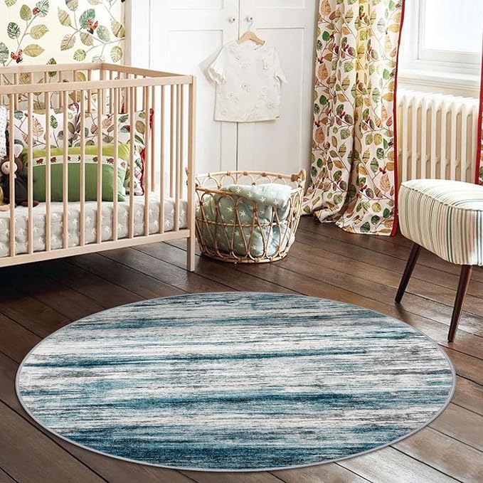 KOZYFLY Abstract Round Washable Rug 3Ft, Modern Kitchen Non-Slip Soft Small Bathroom Circle Rug, Blue Striped Entryway Rugs Print Faux Wool Doormat for Bedside Entrance Bedroom Sink