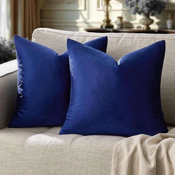 GIGIZAZA Blue Decorative Throw Pillow Covers, 20x20 Velvet Square Solid Couch Pillows for Bedroom Set of 2 Modern Home Decor Super Soft Cushion Pillowcases