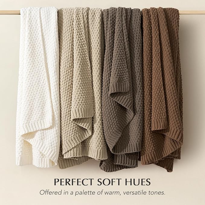 EVERGRACEHOME Chunky Chenille Knit Throw Blanket for Couch, Soft Luxurious Moss Stitch Blankets for Bed, Cozy Decorative Farmhouse Knitted Throws for Sofa, Sand Dune, 60" x 80"