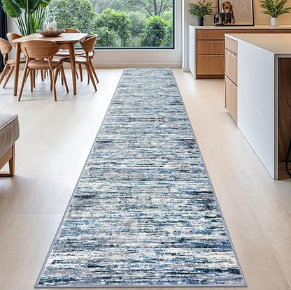 Lansny Modern Abstract Runner Rug 2.6x16, Grey Blue White Washable Long Kitchen Runner Non-Slip Soft Hallway Rug Runner Thin Print Faux Wool Carpet for Entryway Bedroom Laundry Room Indoor Home Decor