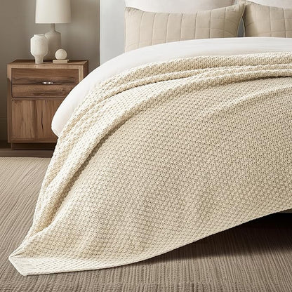 EVERGRACEHOME Chunky Chenille Knit Throw Blanket for Couch, Soft Luxurious Oversized Queen Moss Stitch Blanket for Bed, Cozy Farmhouse Knitted Throw for Sofa, Beige, 90" x 90"