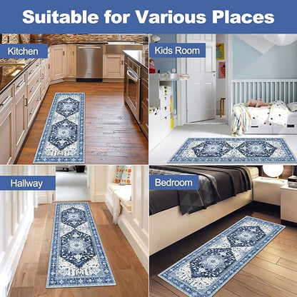 Yamaziot Washable Runner Rug, 2x5 Non-Slip Boho Vintage Hallway Rug Runner with Rubber Backing, Stain Resistant & Low Pile Faux Wool Distressed Carpet Runner for Kitchen, Laundry, Entrance, Blue