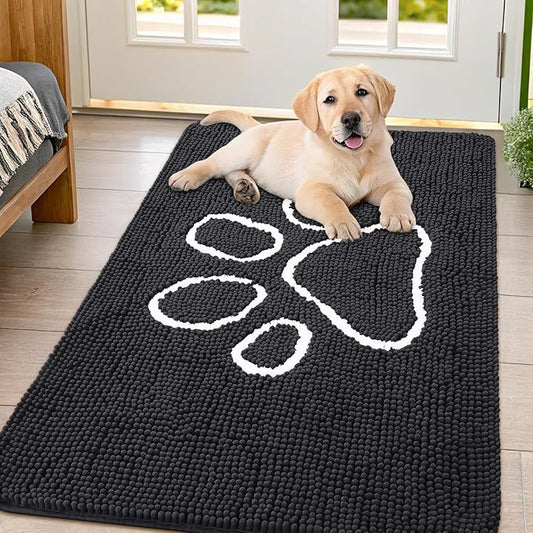 Smiry Dog Door Mat for Muddy Paws, Absorbent Dirt Trapper Non Slip Quick Dry Washable Chenille Mat for Mud Dogs, Entry Rug for Indoor and Outdoor (44x32 Inches, Black and White)