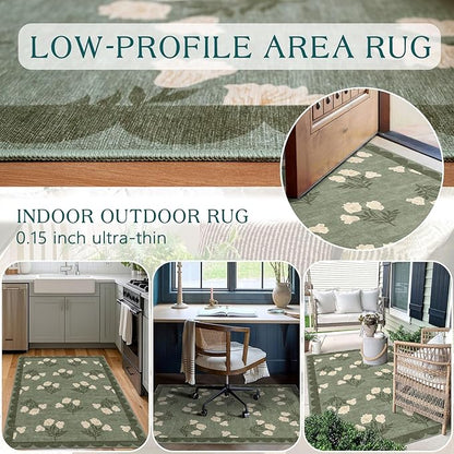 3x5 Floral Entry Rug - Small Washable Indoor Outdoor Mats for Front Door Non-Slip Spring Porch Rug Sage Green Farmhouse Throw Rugs for Living Room Bedroom Entryway Kitchen Office Porch Decor