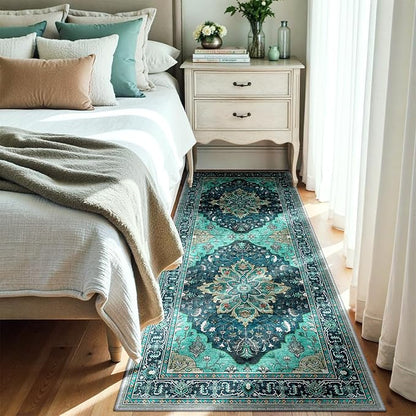 Area Rugs 3'x8' Runner Rug Non Slip Washable for Kitchen Hallway Bedroom Beside Laundry Room Bathroom Rug, Floor Carpet, Teal Green Lake Blue Turquoise