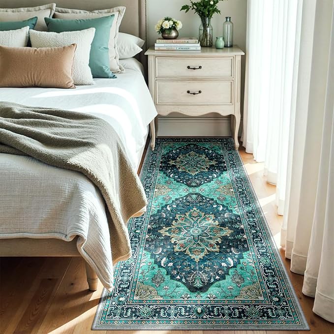 Area Rugs 3'x7' Runner Rug Non Slip Washable for Kitchen Hallway Bedroom Beside Laundry Room Bathroom Rug, Floor Carpet, Teal Green Lake Blue Turquoise