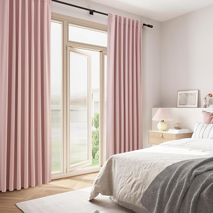 Guken Pink 100% Blackout Linen Curtains 102 Inch 2 Panels Set for Girl's Bedroom, Living Room, Nursery, Back Tab Rod Pocket Thermal Insulated Black Out Drapes Room Darkening Window Curtains