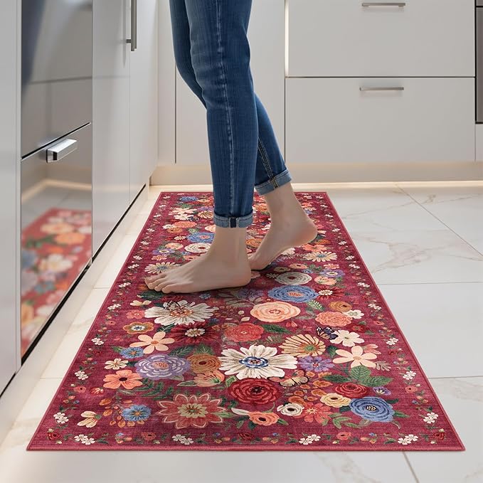 2x5 Entryway Runner Rugs, Non Slip Washable Rugs with Rubber Backing Soft Floral Carpet Runner for Kitchen, Laundry, Bedroom, Bathroom(2 x 5, Red Garden)