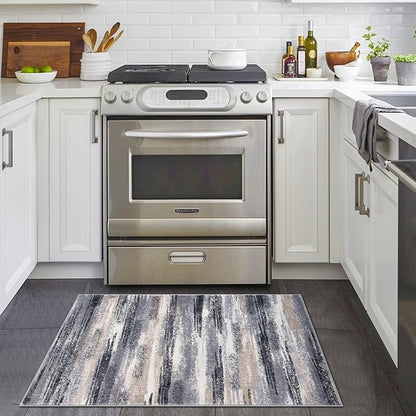 Lansny Modern Abstract Entryway Rug Indoor 2x3 Washable Rug Non-Slip Soft Small Area Rug Grey Black Multi Kitchen Mats Thin Print Faux Wool Floor Carpet Throw Rugs for Entrance Bedroom Home Decor