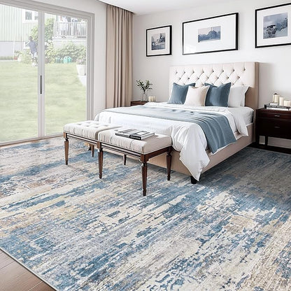 10x14 Area Rugs for Living Room, Washable Modern Abstract Large Area Rug Neutral Soft Non Slip Kids Rug Stain Resistant Indoor Carpet for Bedroom Dining Room Playroom Office(BlueBeige, 10'x14')