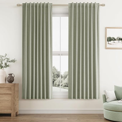Sage Green 100% Blackout Curtains 63 Inch Length 2 Panels Set for Living Room Bedroom Back Tab Thermal Insulated Black Out Linen Drapes Room Darkening Window Curtains 63 Inches Long