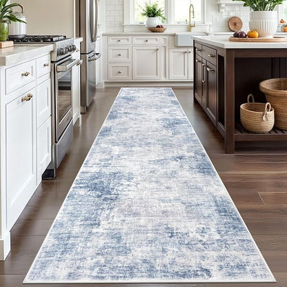 IOHOUZE Abstract Runner Rug 3x12 Ft Washable Runners for Hallways, Non Slip Kitchen Runner Printed Faux Wool Entryway Runner Indoor, Modern Abstract Floor Carpet for Hall Kitchen, Light Blue Grey