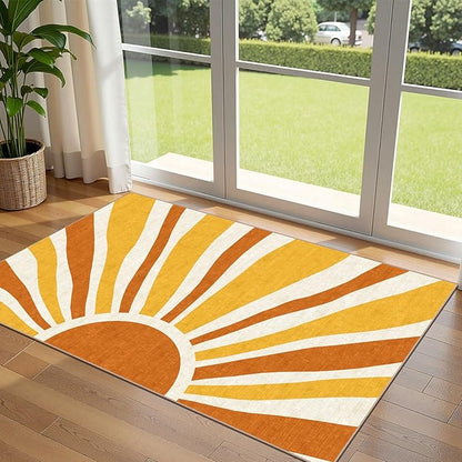 3x5 Boho Entry Rug - Small Washable Indoor Outdoor Mats for Front Door Non-Slip Porch Rug Orange Modern Retro Sun Throw Rugs for Living Room Bedroom Entryway Kitchen Office Porch Decor