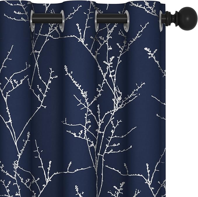 Deconovo Blackout Curtains, Navy Blue Curtain, Thermal Insulated Soundproof Drapes, Branch Silver Print, 42 x 72 Inch Long, Machine Washable Grommet Panels for Bedroom Living Room Office, Set of 2