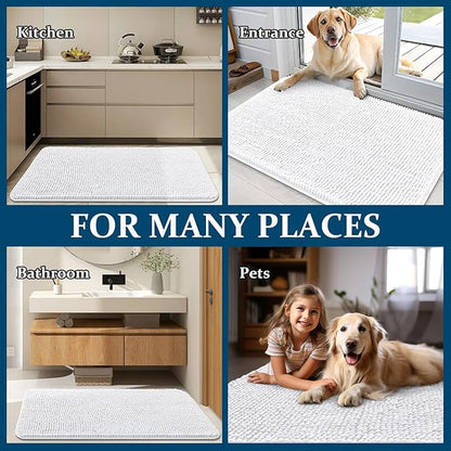 OLANLY Dog Door Mat for Muddy Paws 47x24, Absorbs Moisture and Dirt, Absorbent Non-Slip Washable Doormat, Quick Dry Chenille Mud Mat for Dogs, Entry Indoor Entryway Carpet for Inside Floor, White