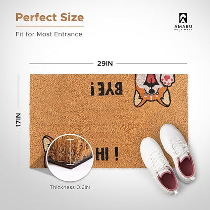 Hi-Bye Dog - 17"x29" - Coir Door Mat with Heavy Duty Backing - Welcome Mats for Entryway, Porch - Anti-Slip PVC & Coconut Fiber Surface - Natural Home Accessories, Minimalist Original Design