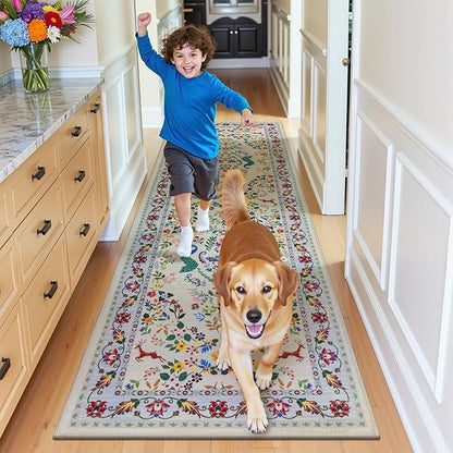 HEBE Washable Hallway Runner Rug 2'x 8' Non Slip Kitchen Rugs Runner,Low Pile Entryway Rug Laundry Room Mat Floral Carpet Runners for Hallways, Kitchen,Bathroom,Laundry,Bedside Rug