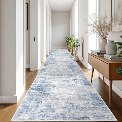 IOHOUZE Abstract Runner Rug 3x18 Ft Washable Runners for Hallways, Non Slip Kitchen Runner Printed Faux Wool Entryway Runner Indoor, Modern Abstract Floor Carpet for Hall Stair, Light Blue Grey