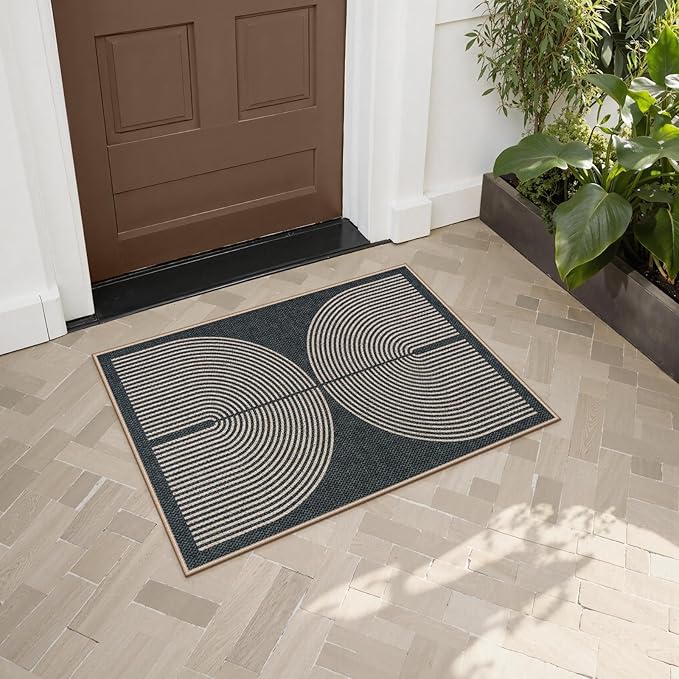 Lahome Enfys Rainbow Indoor Door Mat, 20"x32" Small Black Rugs for Entryway Kitchen Neutral Area Rug, Farmhouse Non Slip Non Shedding Lightweight Floor Carpet for Front Porch