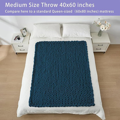 Bigacogo Chunky Knit Throw Blanket for Couch, 40x60 inches, 100% Hand Knitted with Thick Jumbo Chenille Yarn, Cozy Soft Large Rope Knot Cable Crochet Blankets for Sofa Bed Living Room, Deep Sea Blue