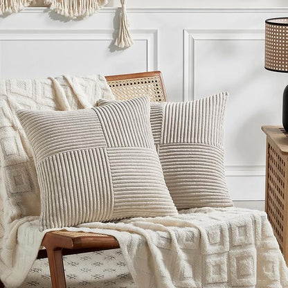 Fancy Homi 2 Packs Neutral Taupe Big Decorative Throw Pillow Covers 24x24 Inch for Couch Bed Sofa, Rustic Farmhouse Boho Home Decor, Soft Corss Corduroy Patchwork Accent Square Cushion Case 60x60 cm