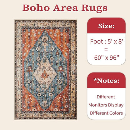 SERISSA 5x8 Area Rugs for Living Room, Large Washable Non-Slip Boho Rug, Ultra Soft Vintage Tribal Oriental Print Distressed Carpet for Bedroom Dining Room Dorm Office Home Decor