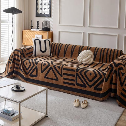 HANDONTIME Boho Geometric Couch Covers for Sofa Pet Friendly Brown and Black Sofa Covers Washable Chenille Couch Blanket Cover for 2 3 Cushion Couches Pet Protector Furniture Cover Soft, 71" X 118"