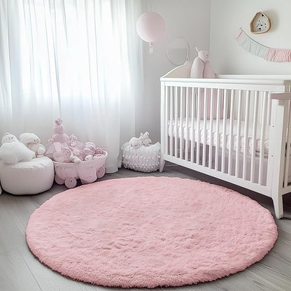 ONASAR Light Pink Round Area Rugs 5ft for Bedroom Living Room, Fluffy Circle Rug for Kids Girls Boys Teen, Soft Plush Shaggy Carpet for Nursery Dorm Classroom Playroom Home Decor Aesthetic