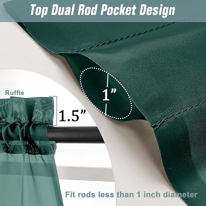 Green Sheer Curtains 63 Inch Length 2 Panels, Soft Voile Sheer Curtains for Christmas, Breathable Light Filtering Window Treatments, Dual Rod Pocket Panels, Hunter Green, 2x42Wx63L Inches
