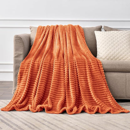 BEDELITE Fall Throw Blanket for Couch - 3D Ribbed Jacquard Soft & Warm Decorative Burnt Orange Blanket, Cozy, Plush, Fluffy, Fuzzy Fleece Throw Blanket for Bed, Sofa 50x60Inches