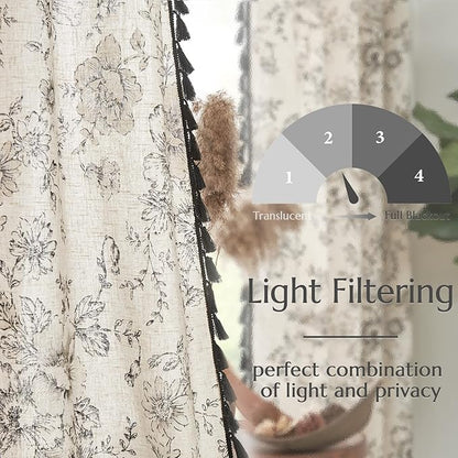jinchan Linen Blend Curtain Floral Curtains for Living Room 63 Inch Length Printed Curtains with Tassels Rod Pocket Farmhouse Rustic Peony Flower Patterned Drapes Bedroom Window Curtains Set 2 Panels