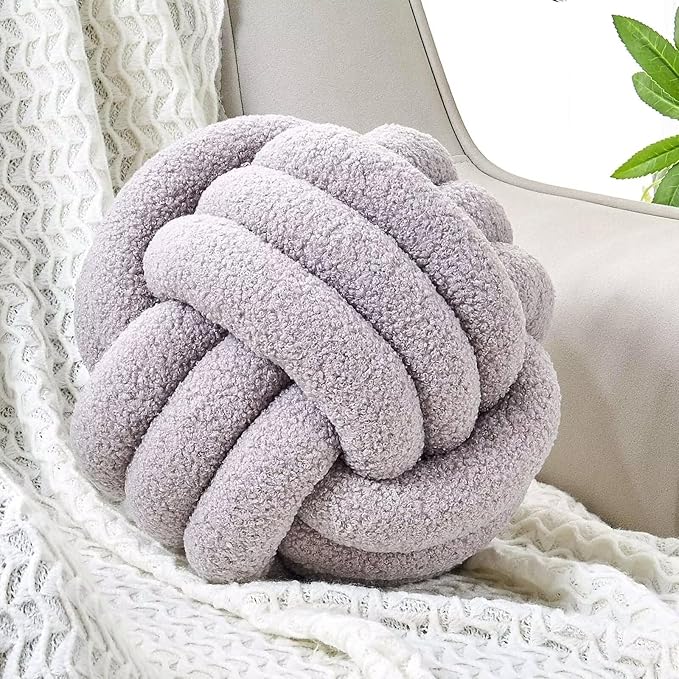 Uvvyui Knot Pillow Ball, Soft Home Decorative Round Throw Pillow, Handmade Knotted Plush Pillow, Round Boucle Pillow Cushion (8.6 Inches Light Grey)