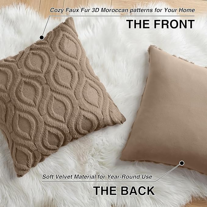 decorUhome Throw Pillow Covers 18x18 Inch Set of 2, Soft Plush Faux Wool Light Brown Solid Couch Pillow Covers, Accent Farmhouse Neutral Square Pillow Cases for Sofa Bed Living Room