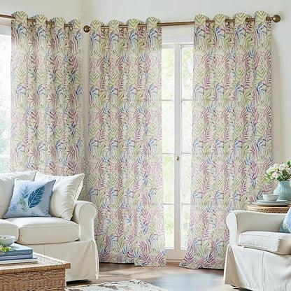 Yakamok Farmhouse Linen Curtains for Living Room 84 Inches Long,Texture Curtains Blue and Purple Grommet Leaves Plant Pattern Bedroom Curtain 2 Panels
