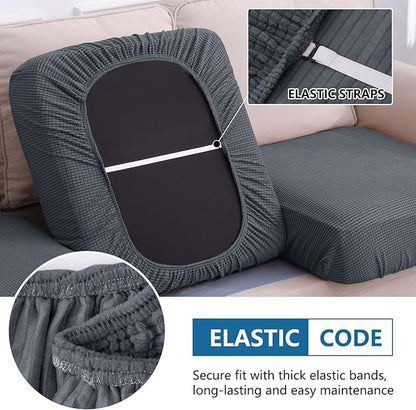 hyha Waterproof Couch Cushion Covers for Pets, Non Slip Sofa Seat Cover for Dogs Washable, Soft Thick Stretch Jacquard Fabric, Sofa Slipcovers with Elastic Bottom (1 Chaise+2 Seater, Grey)