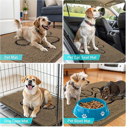 OLANLY Dog Door Mat for Muddy Paws 47x24, Paw Print Design, Absorbs Moisture and Dirt, Absorbent Non-Slip Washable Doormat, Quick Dry Chenille Mud Mat for Dogs, Entry Indoor Entryway Carpet, Tan