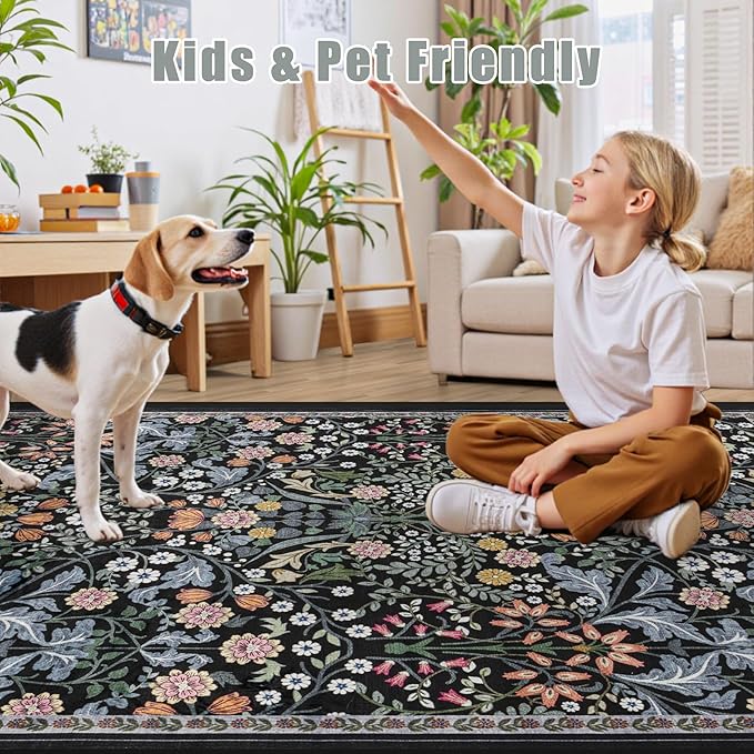 10x14 Area Rugs for Living Room: Floral Washable Rug Vintage Large Soft Boho Non-Slip Carpet Indoor Stain Resistant Low Pile Carpets for Bedroom Dining Room Farmhouse Nursery Home Office Dark Black