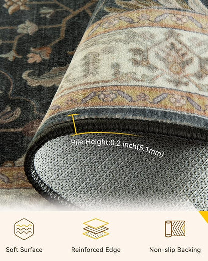 RELEANY Area Rugs 6'x9' Washable Non-Slip, Floral Vintage Distress Print Pattern Medallion Carpet for Living Room Bedroom Dining Room, Vintage Black Brown Neutral