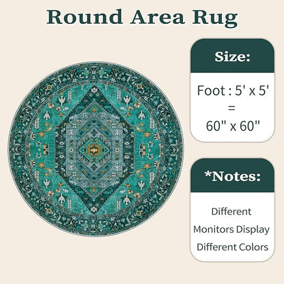 SERISSA Boho Round Area Rug, 5ft Washable Non-Slip Circle Rug, Ultra Soft Oriental Vintage Teal Low-Pile Circular Carpet for Bedroom Entryway Kids Room Office College Dorm Living Room