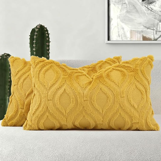 decorUhome Summer Throw Pillow Covers 12x20 Inch Set of 2, Soft Plush Faux Wool Mustard Yellow Solid Couch Pillow Covers, Accent Farmhouse Neutral Rectangle Pillow Cases for Sofa Bed Living Room