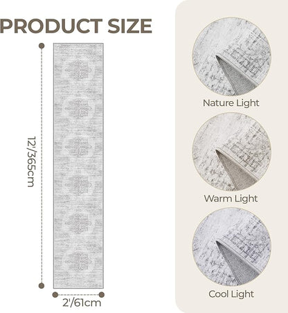 2x12 Runner Rug, Long Hallway Rugs for Dining Room, Living Room, Bedroom, Machine Washable Kitchen Carpet Runner with Rubber Backing, Soft Low Pile Indoor Rug(2'x12', Light Grey/White)