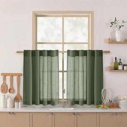 Nanspring Olive Green Linen Curtains 30 Inch Length Short Kitchen, Semi Sheer Light Filtering Panels Back Tab and Rod Pocket Cafe Drapes for Half Window 26 x 30 Inch,2 Panels