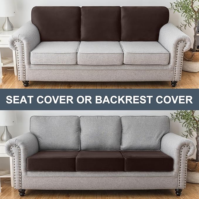 Couch Cover Stretch Velvet Sofa Cushion Cover 3-Piece - Elastic Washable Slipcover for Seat or Backrest, Couch Seat Covers for Sofas (Coffee)