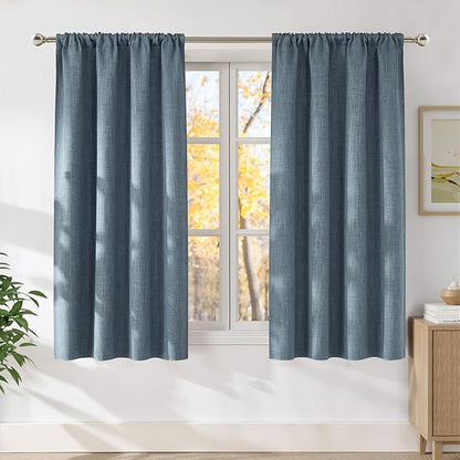 NICETOWN Mist Blue Faux Linen Room Darkening Rod Pocket Curtains 63 inch Length, W42 x L63, Light Blocking Thermal Insulated Noise Reducing Drapes for Bedroom Living Room Farmhouse Decor, 2 Panels