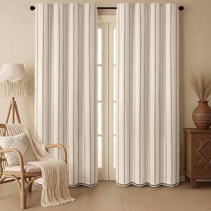 Beige Boho Blackout Curtains 2 Panels 84 Inch for Living Room Bedroom, Linen Texture Farmhouse Curtains with Tassels and Black Cotton Embroidery Vintage Rustic Western Rod Pocket