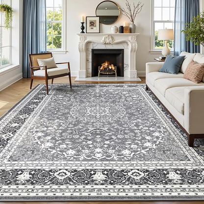 Lofus 9x12 Area Rugs for Living Room, Machine Washable Non-Slip Area Rug, Low Pile Large Rugs for Bedroom, Kitchen, Dining Room, Home Office, Vintage Oriental Print Rug, Light Grey with White